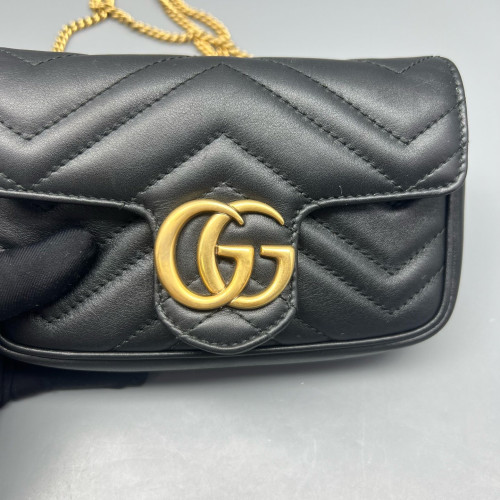 Gucci Chevron Super Mini GG Marmont Chain Wallet Calfskin Black