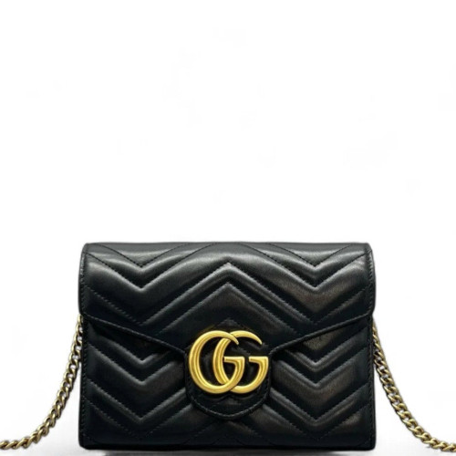 Gucci Chevron GG Marmont Chain Wallet Calfskin Black