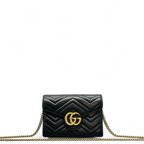 Gucci Chevron GG Marmont Chain Wallet Calfskin Black