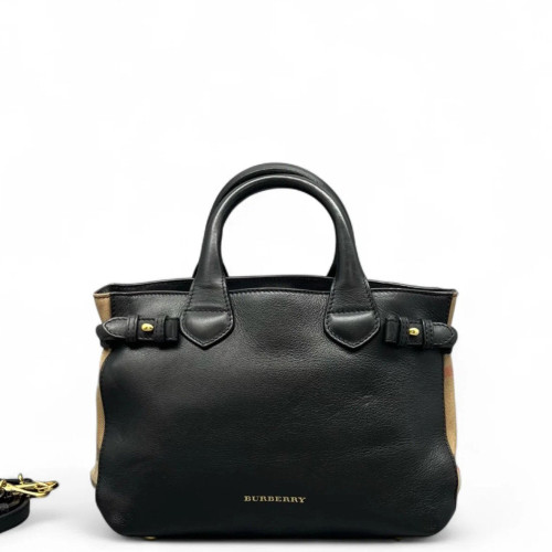 Burberry Small Banner Tote Calfskin House Check Black Khaki Red