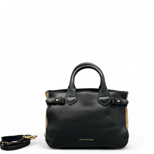 Burberry Small Banner Tote Calfskin House Check Black Khaki Red