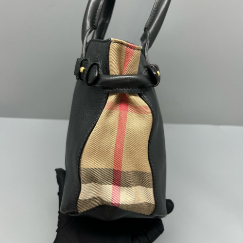 Burberry Small Banner Tote Calfskin House Check Black Khaki Red