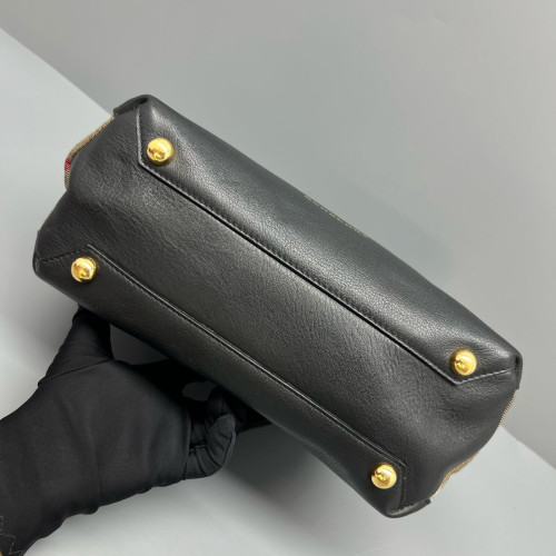 Burberry Small Banner Tote Calfskin House Check Black Khaki Red