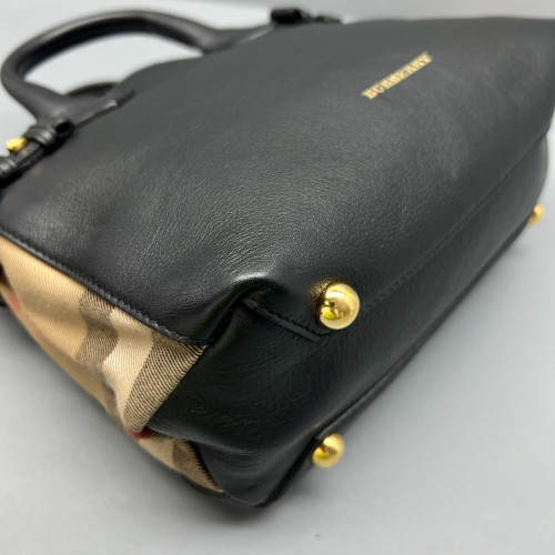 Burberry Small Banner Tote Calfskin House Check Black Khaki Red