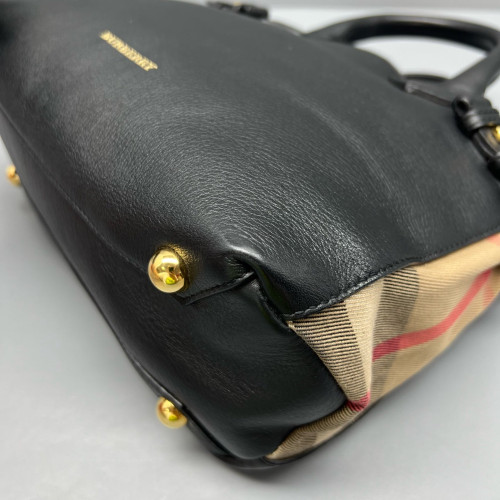 Burberry Small Banner Tote Calfskin House Check Black Khaki Red