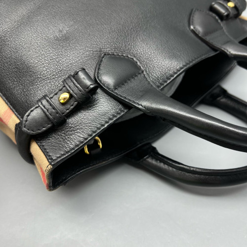 Burberry Small Banner Tote Calfskin House Check Black Khaki Red