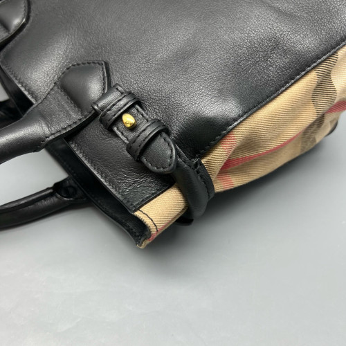 Burberry Small Banner Tote Calfskin House Check Black Khaki Red