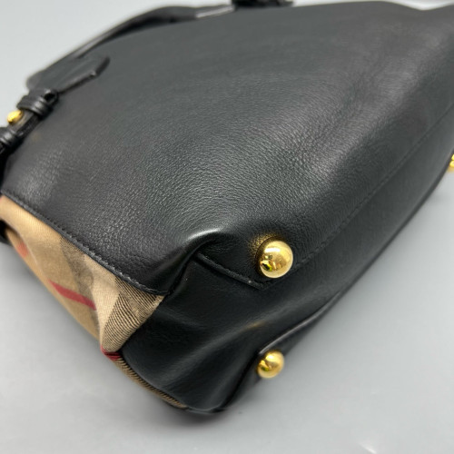 Burberry Small Banner Tote Calfskin House Check Black Khaki Red