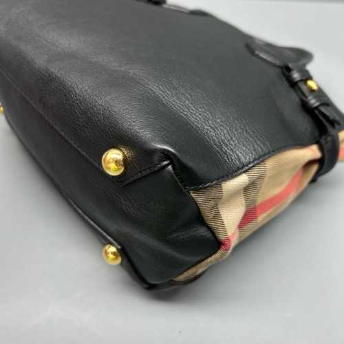 Burberry Small Banner Tote Calfskin House Check Black Khaki Red
