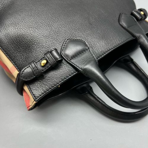 Burberry Small Banner Tote Calfskin House Check Black Khaki Red