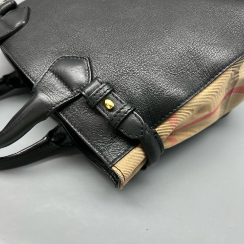 Burberry Small Banner Tote Calfskin House Check Black Khaki Red