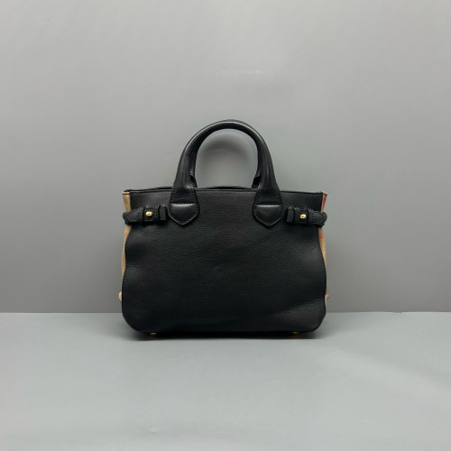 Burberry Small Banner Tote Calfskin House Check Black Khaki Red