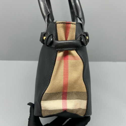 Burberry Small Banner Tote Calfskin House Check Black Khaki Red