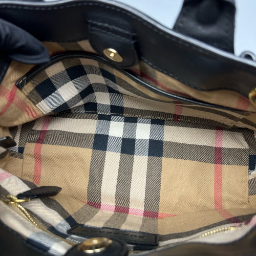 Burberry Small Banner Tote Calfskin House Check Black Khaki Red