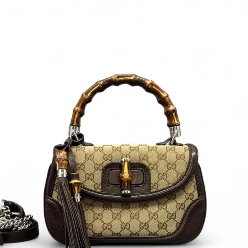 Gucci Bamboo Lady Lock Bamboo Top Handle Bag GG Supreme Monogram Calfskin Brown Khaki