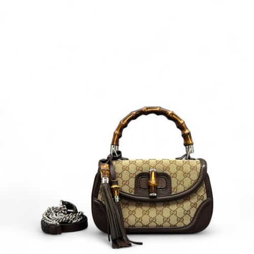 Gucci Bamboo Lady Lock Bamboo Top Handle Bag GG Supreme Monogram Calfskin Brown Khaki