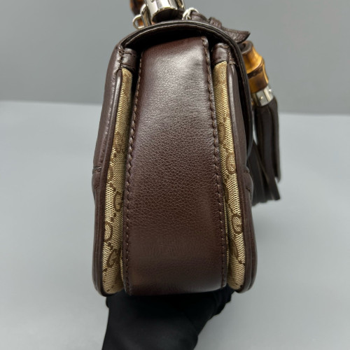 Gucci Bamboo Lady Lock Bamboo Top Handle Bag GG Supreme Monogram Calfskin Brown Khaki