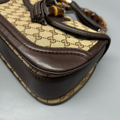 Gucci Bamboo Lady Lock Bamboo Top Handle Bag GG Supreme Monogram Calfskin Brown Khaki