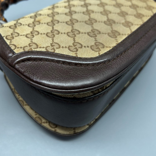 Gucci Bamboo Lady Lock Bamboo Top Handle Bag GG Supreme Monogram Calfskin Brown Khaki
