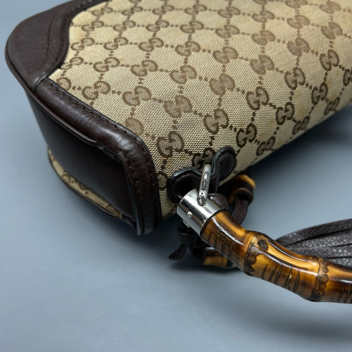 Gucci Bamboo Lady Lock Bamboo Top Handle Bag GG Supreme Monogram Calfskin Brown Khaki
