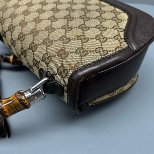 Gucci Bamboo Lady Lock Bamboo Top Handle Bag GG Supreme Monogram Calfskin Brown Khaki
