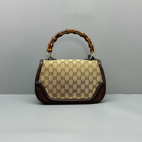 Gucci Bamboo Lady Lock Bamboo Top Handle Bag GG Supreme Monogram Calfskin Brown Khaki