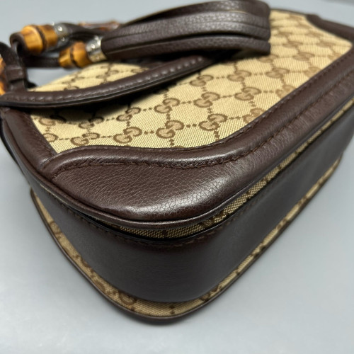 Gucci Bamboo Lady Lock Bamboo Top Handle Bag GG Supreme Monogram Calfskin Brown Khaki