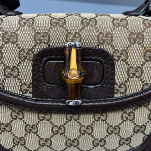 Gucci Bamboo Lady Lock Bamboo Top Handle Bag GG Supreme Monogram Calfskin Brown Khaki