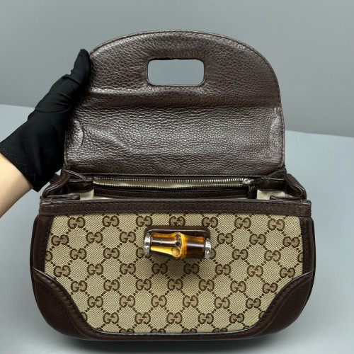 Gucci Bamboo Lady Lock Bamboo Top Handle Bag GG Supreme Monogram Calfskin Brown Khaki