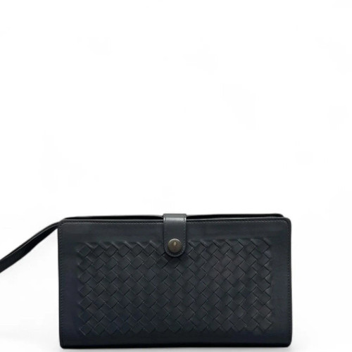 Bottega Veneta Clutch Calfskin Intrecciato Navy Blue