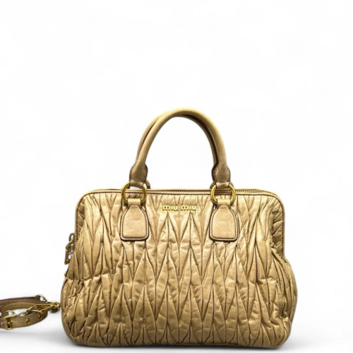 Miu Miu Madras Top Handle Shoulder Bag Gaufre Calfskin Natural Tan