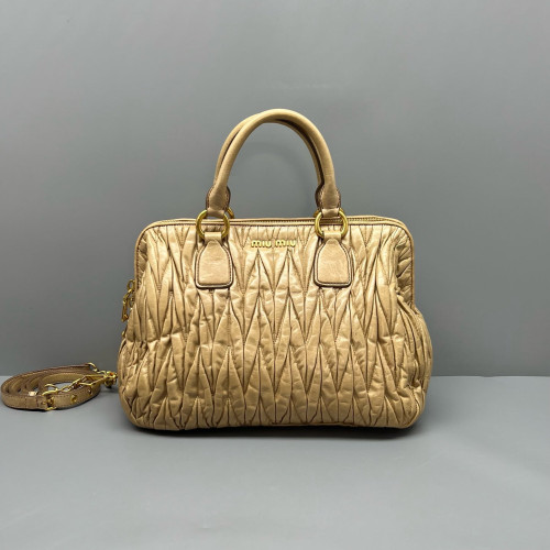 Miu Miu Madras Top Handle Shoulder Bag Gaufre Calfskin Natural Tan