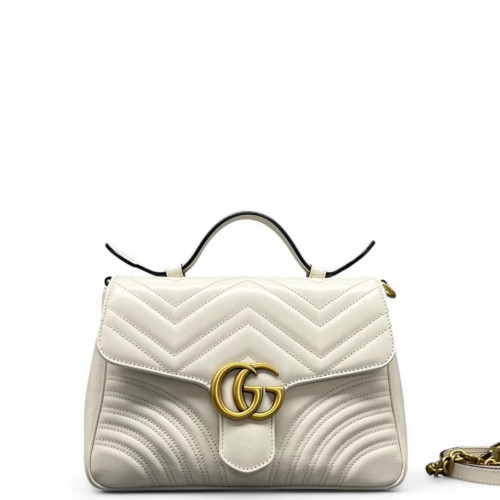 Gucci Chevron Small GG Marmont Top Handle Chain Shoulder Bag Calfskin White