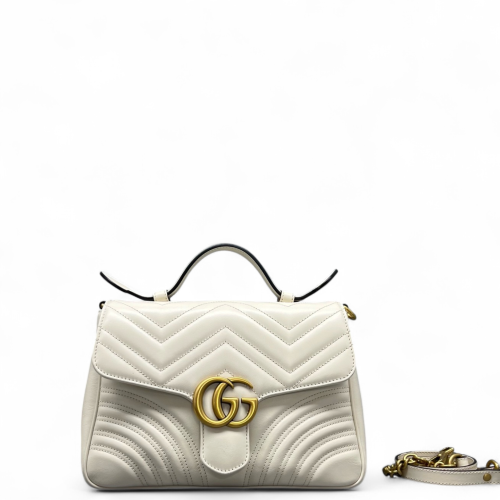 Gucci Chevron Small GG Marmont Top Handle Chain Shoulder Bag Calfskin White