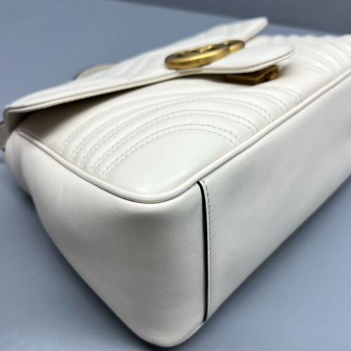 Gucci Chevron Small GG Marmont Top Handle Chain Shoulder Bag Calfskin White