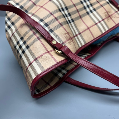 Burberry Small Canterbury Tote Haymarket Check Beige Red Black