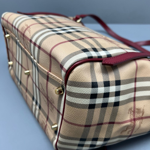 Burberry Small Canterbury Tote Haymarket Check Beige Red Black