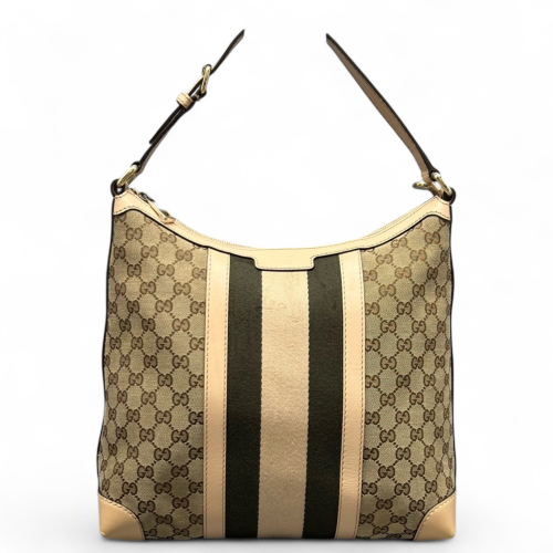 Gucci Web Shoulder Bag GG Supreme Monogram Calfskin Beige Green White
