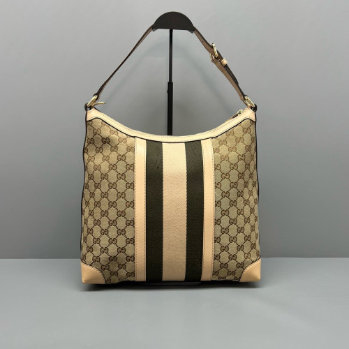 Gucci Web Shoulder Bag GG Supreme Monogram Calfskin Beige Green White