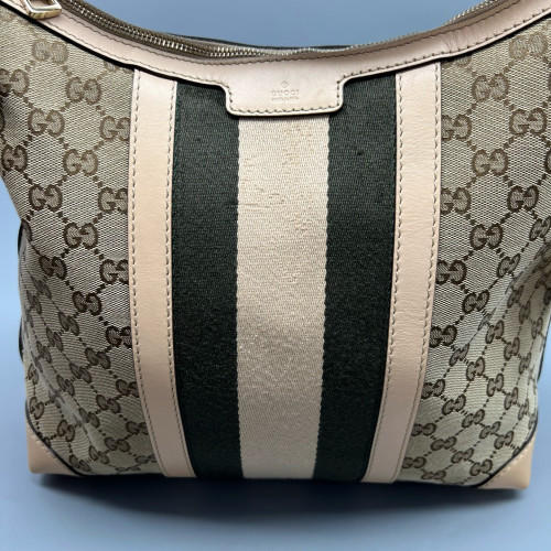 Gucci Web Shoulder Bag GG Supreme Monogram Calfskin Beige Green White