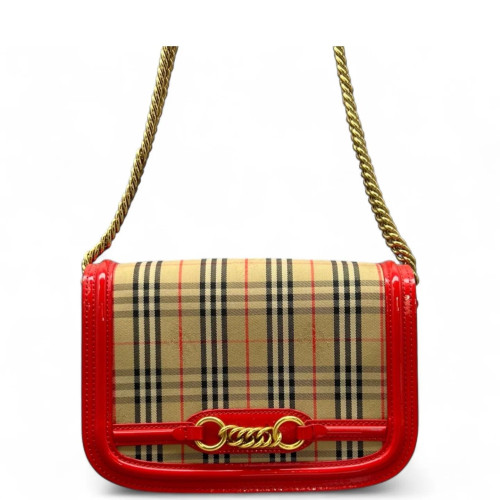 Burberry Wallet On Chain WOC House Check Calfskin Red Beige Black