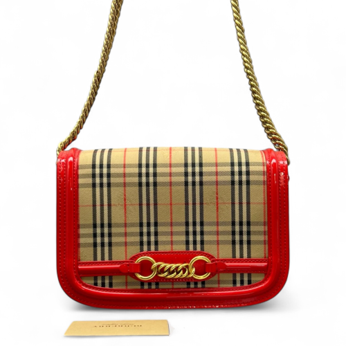 Burberry Wallet On Chain WOC House Check Calfskin Red Beige Black