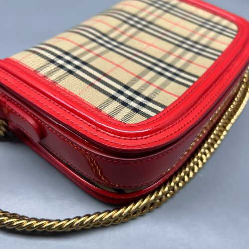 Burberry Wallet On Chain WOC House Check Calfskin Red Beige Black