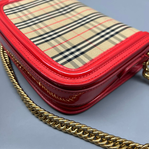 Burberry Wallet On Chain WOC House Check Calfskin Red Beige Black