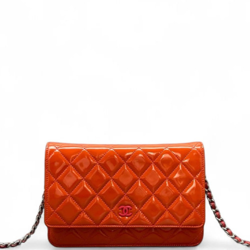 Chanel Quilted Wallet On Chain Patent Calfskin Orange