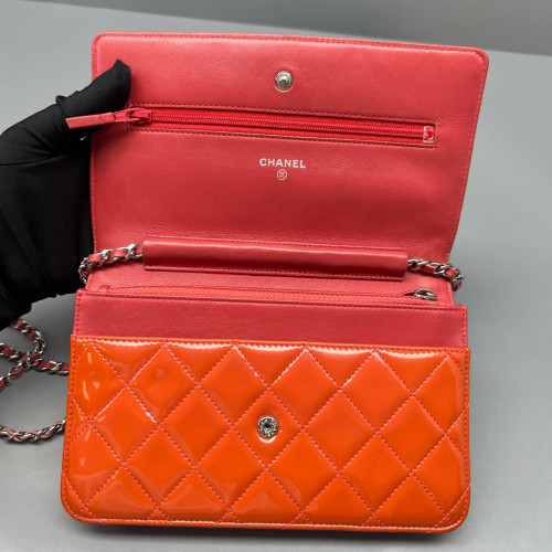 Chanel Quilted Wallet On Chain Patent Calfskin Orange