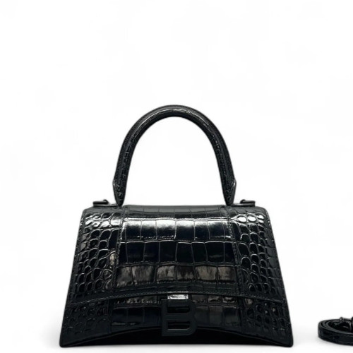 Balenciaga Hourglass Small Calfskin Crocodile Embossed Black
