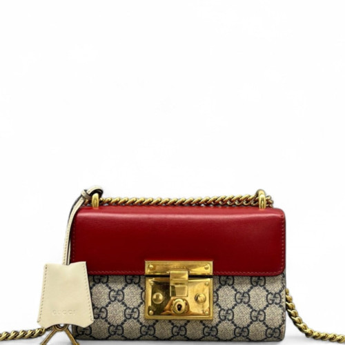 Gucci Small Padlock Shoulder Bag GG Monogram Red Beige