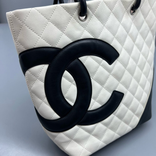 Chanel Quilted Mediun Cambon Tote Calfskin Black White