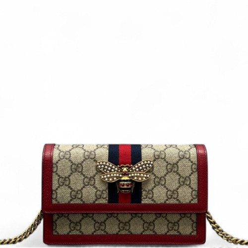 Gucci Queen Margaret Chain Wallet GG Supreme Monogram Beige Red Blue